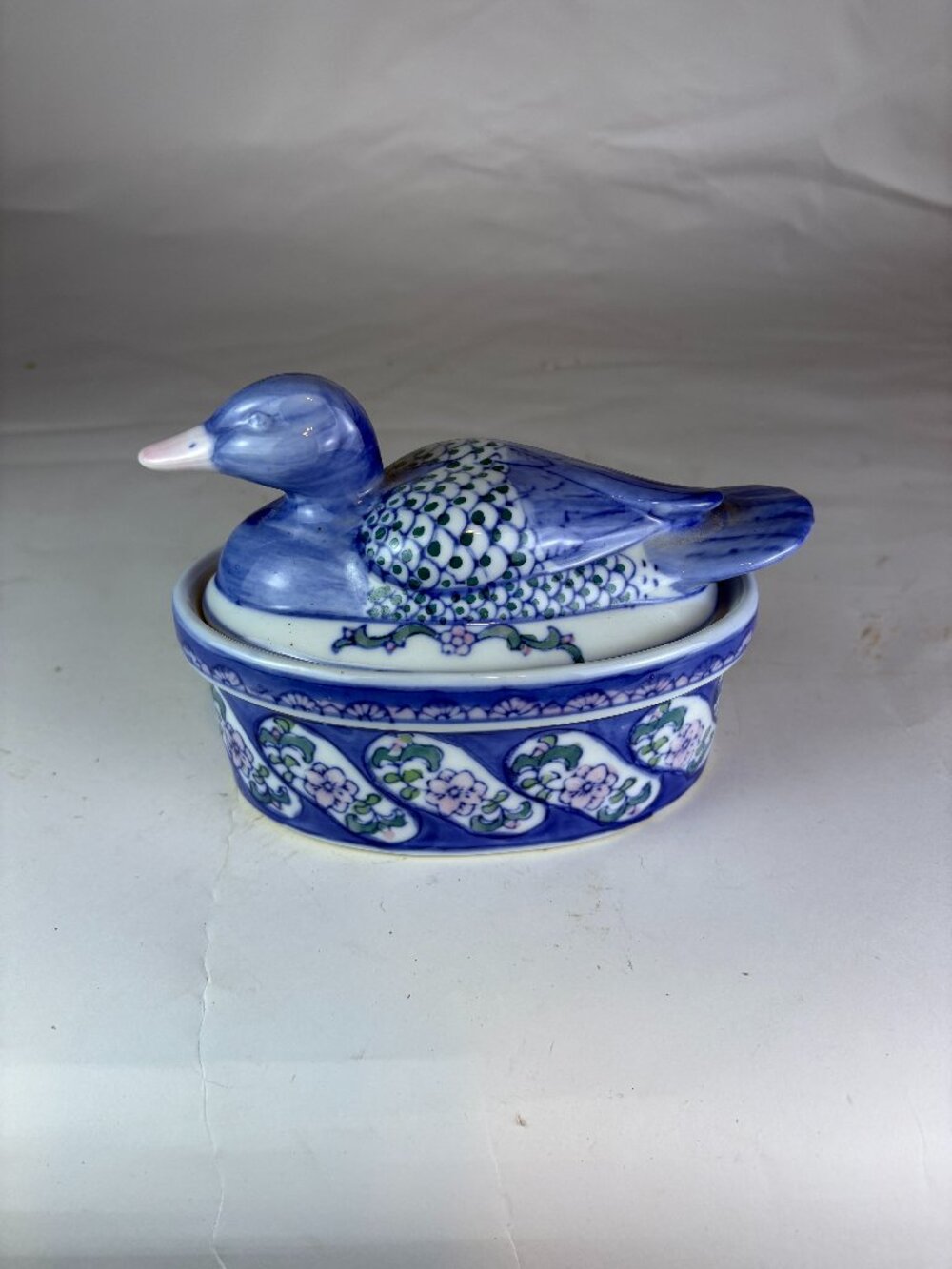 Vintage Blue White Porcelain Duck Tureen, Floral Chinoiserie Covered Dish